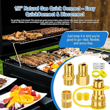 1/2" Gas Quick Connect Kit, 1/2" Natural Gas Quick Connect Fittings Kit – 4 Pcs Solid Brass Natural Gas & Propane Quick Disconnect Fittings, 1/2 inch Hose Quick Connect Adapter.