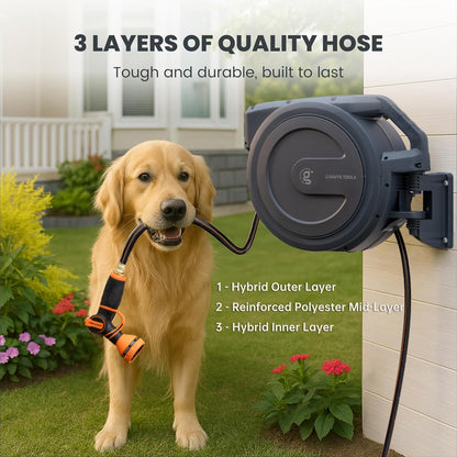 Giraffe Tools AW30 Garden Hose Reel Retractable 1/2" x 100 ft Wall Mounted Water Hose Reel Automatic Rewind, Any Length Lock, 100 ft, Dark Grey