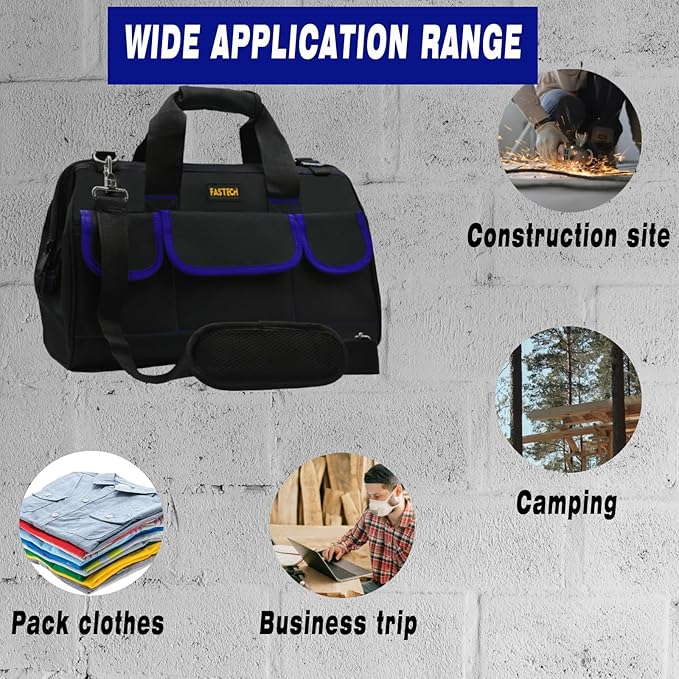 FASTECH 20 Inch Tool Bag, Large Tools Bag Waterproof Wide Mouth Tool Kit Heavy Duty Tool Bag Organizer, Tool Storage Package For Men/Women (20IN Blue)