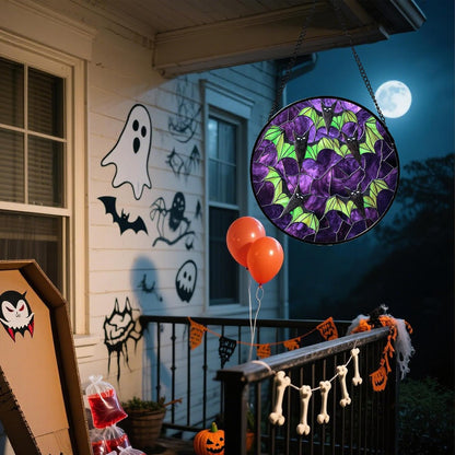 Stained Glass Window Hanging - Halloween Decorations Black Bat with Green Wings Suncatcher for Doors Garden Indoor Spooky Sun Catchers Gothic Decor Horror Gifts for Women Men Friend 7.8 in
