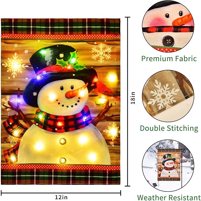 Lighted Christmas Garden Flag for Outside, Led Snowman Garden Flag, Winter Yard Flag 12x18 Double Sided for Outdoor Yard Porch Lawn Decoration