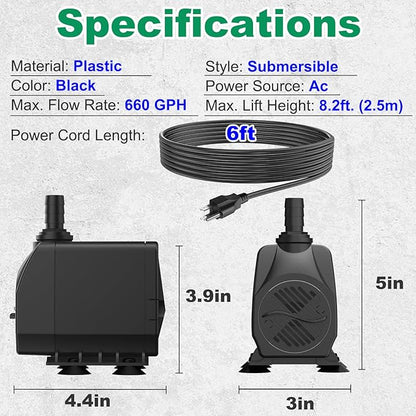 Submersible Pump 660GPH (2500L/H 45W) Ultra Quiet with Over Heating Protection 8.2ft High Lift for Fountains, Hydroponics, Ponds, Aquariums & More…