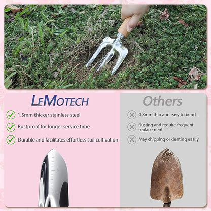 LeMotech Garden Tools Set, 10-Piece Heavy Duty Garden Hand Tools Kit with Wooden Handle, Durable Organizer Bag for Garden Supplies, Gardening Gifts for Women Grandmother, Pink Floral Pattern