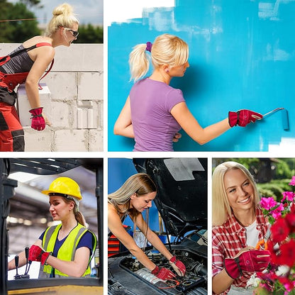 Leather Work Gloves for Women, Medium Glove for Gardening, Tig/Mig Welding, Construction, Chainsaw, Farm, Ranch, etc. Cowhide, Cotton Lined, Utility, Firm Grip, Durable. Rose Red - Grey M