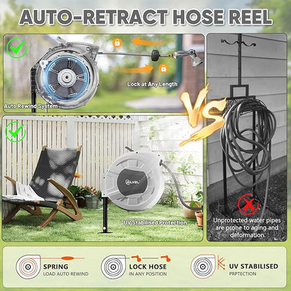 SILVEL Automatic Retractable Garden Hose Reel on Metal Spike, 1/2 in x 90FT Ground Mounted Outside, UV Resistant with 10 Pattern Nozzle, 360° swivel, No Holes in your house, Easy Installation