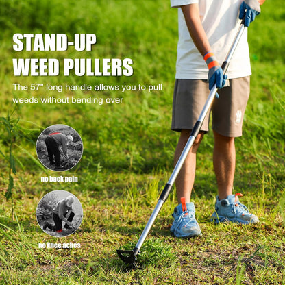 RONSUNG Weed Puller Tool with 57" Long Handle – 2-in-1 Stand Up Weeder & Garden Hoe with Heavy-Duty Steel Head, Manual Hand Uprooting Weeding Pull for Lawn, Yard & Lawn, Bonus Gloves Included