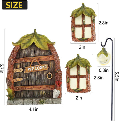 Miniature Fairy Garden Accessories Fairy Door and Windows for Trees, Glow in The Dark Yard Garden Sculpture Lawn Ornament Mini Garden Art Outdoor Decor Accessories with Lantern