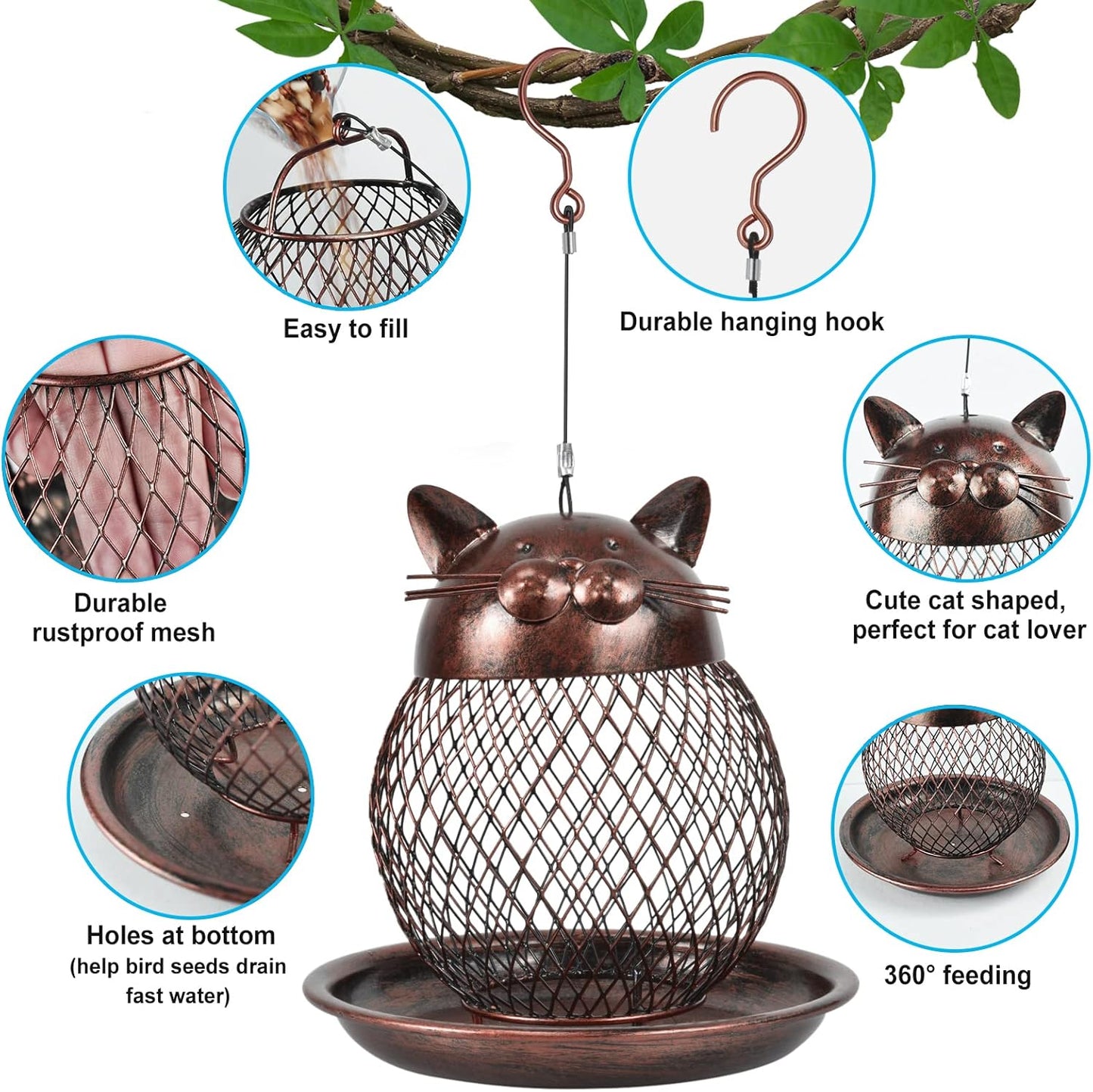 Outside Wild Bird Feeder, Heavy Duty Metal Frame Outdoor Bird Feeders Hanging for Garden Yard Decoration, Cute Cat Shaped