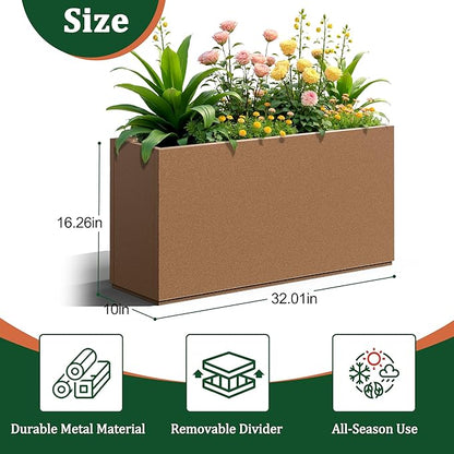 Large Rectangle Planter Metal Brown Planter Box with a Drainage Hole and a Removable Divider Indoor Outdoor Porch Pots for Tall Plants, Trees, Flowers 32.01"x 10" x 16.26" Brown