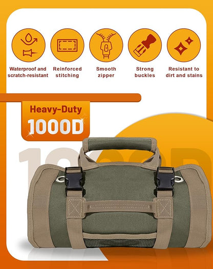 QcoQce Heavy Duty Oxford Tool Roll, Waterproof Durable Tool Bag with 6 Pockets, Tool Organizer for Garage, Vehicle Maintenance, Home Repairs, Portable Roll Up Tool Bag Gift for Men