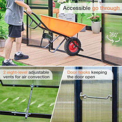 AMERLIFE 14x9.5x9FT Walk-in Polycarbonate Greenhouse with Quick Connector, Fast Assembly Aluminum Greenhouse for Outdoors, Swing 2 Doors, Black