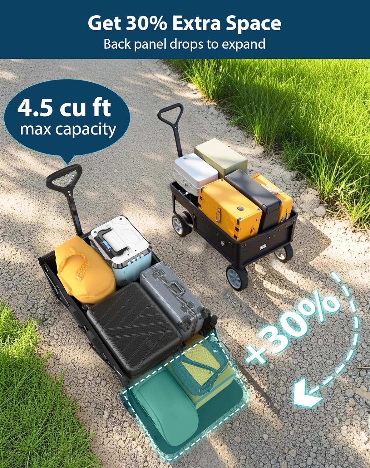 Lightweight Folding Wagon with Extended Tailgate, Large Capacity Collapsible Grocery Cart, Heavy Duty Foldable Shopping Carts, All-Terrain Outdoor Utility Carts for Camping, Sports, Garden, 4.5 Cu Ft