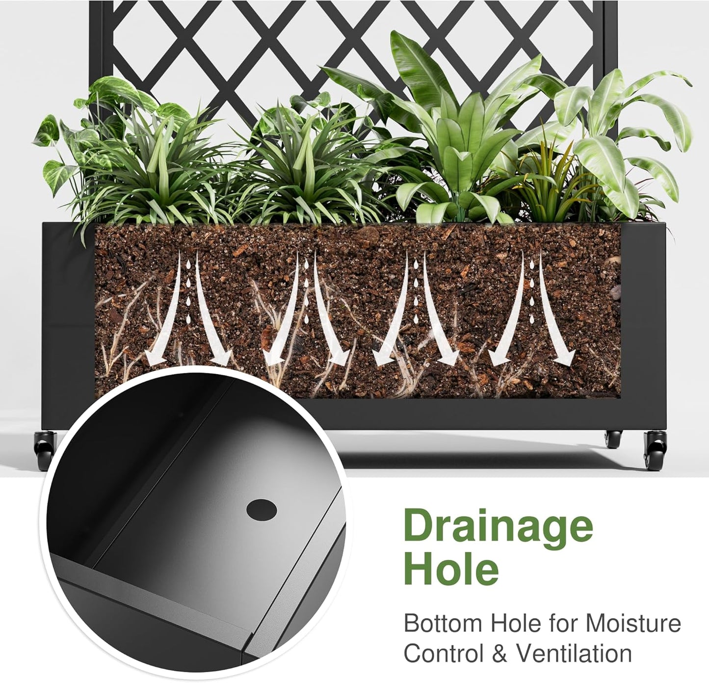 Casaphoria Metal Raised Garden Bed with Trellis and Wheels, 72"x35"x16" Planter Box for Climbing Plants, Vegetables & Vines, Features Drainage Holes and Privacy Screen (Black-Rhombus)