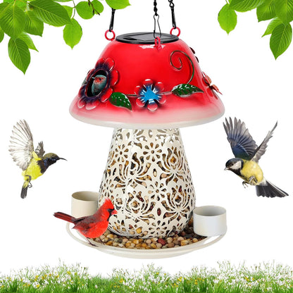 Mushroom Solar Bird Feeders for Outdoors Hanging Metal Wild Bird Feeder Garden Lantern with S Hook for Garden Decoration red
