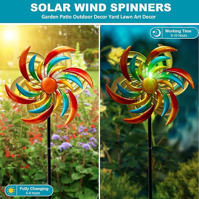 360° Wind Spinners Outdoor with Solar Lights Colored Leaves Garden Decor Yard Lawn Art Decor for Patio Kinetic Windmills Unique Gifts for Friends and Family 60.63'' H x 13.38'' Dia