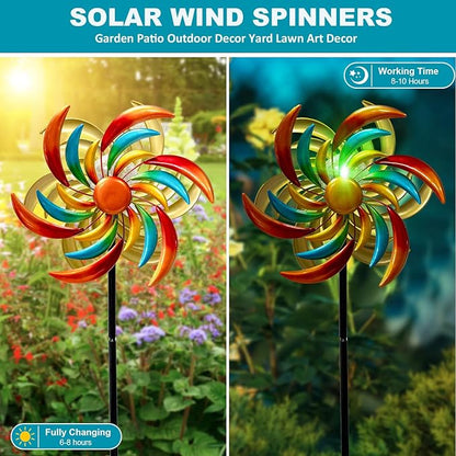 360° Wind Spinners Outdoor with Solar Lights Colored Leaves Garden Decor Yard Lawn Art Decor for Patio Kinetic Windmills Unique Gifts for Friends and Family 60.63'' H x 13.38'' Dia