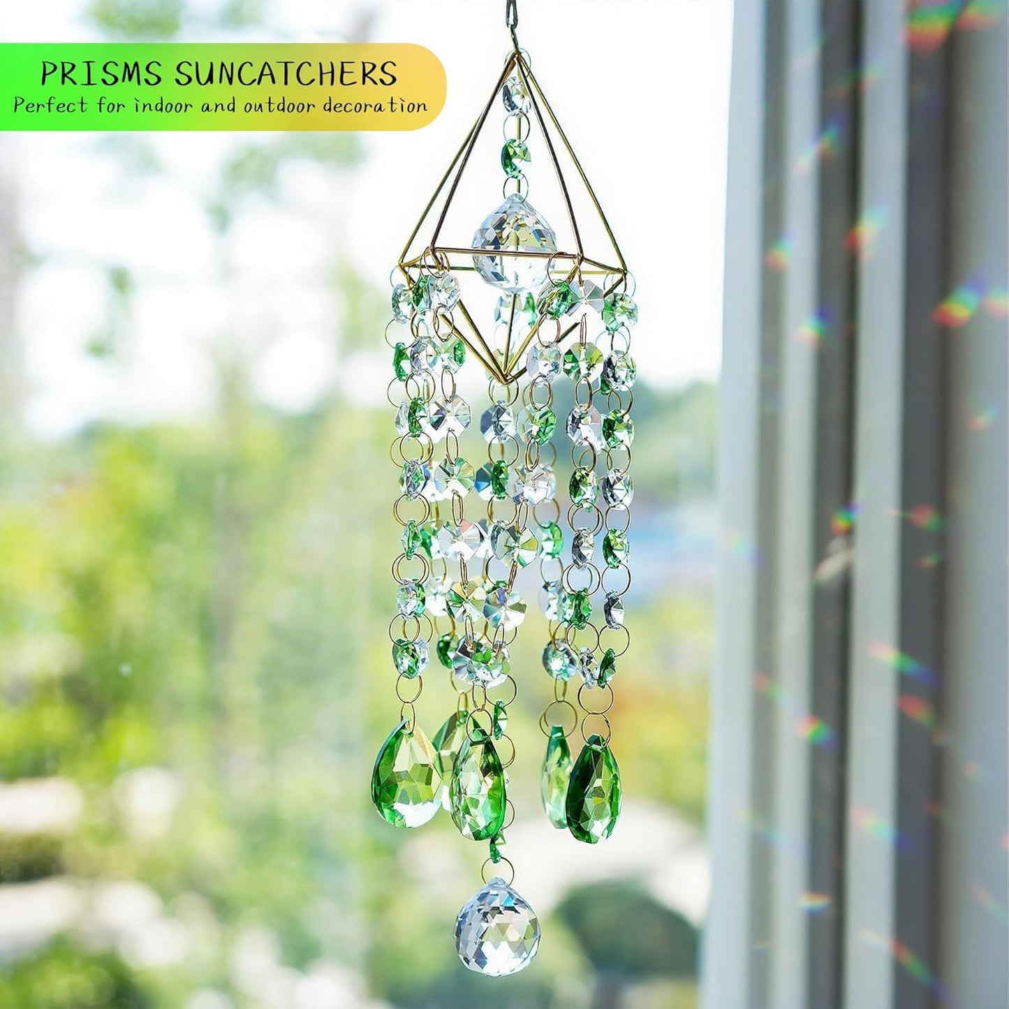 HDCRYSTALGIFTS Crystal Suncatcher, Crystal Sun Catcher Indoor Window Rainbow Prisms Suncatcher for Window Hanging Glass Wind Chimes Home Garden Decor (Green)