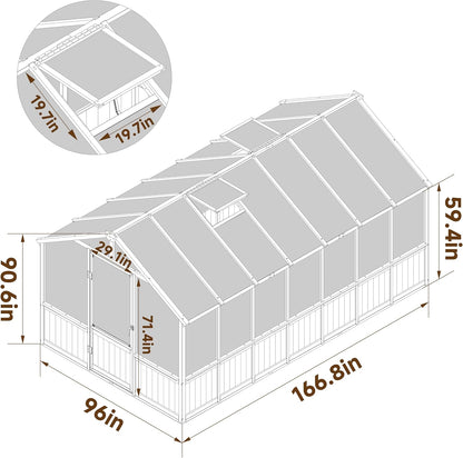 BlueWish 8x14FT Greenhouse, Greenhouses kit with Cedar Frame, Wood Greenhouse with Adjustable Vent, Lockable Door, Green House for Outside, Garden, Backyard,Light Brown Mocha