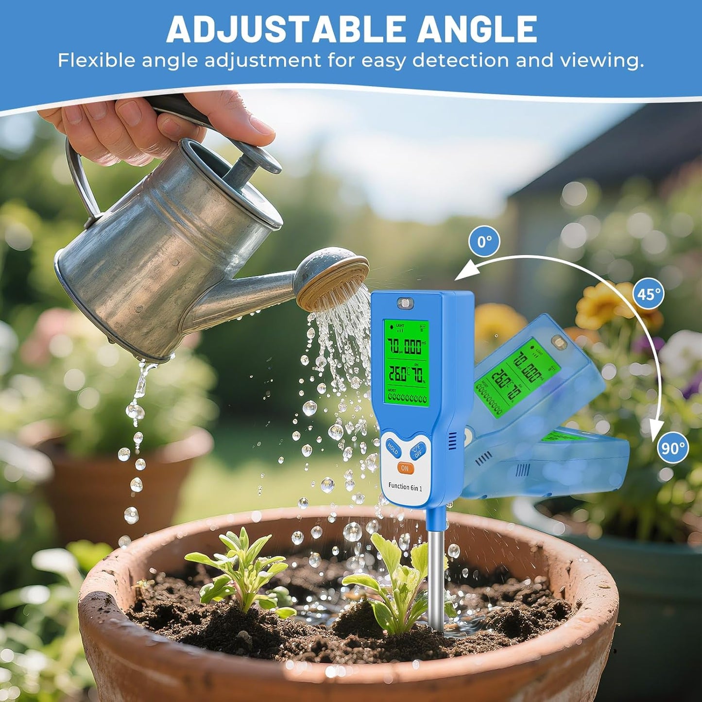 6-in-1 Soil Tester Digital PH Meter/Soil Moisture/Sunlight Intensity/Air Temp & Humidity/Fertility Soil Meter with Backlight LCD Display for Gardening, Farming, Indoor and Outdoor Plants