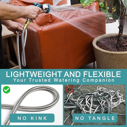 50FT Garden Hose, 304 Stainless Steel Water Hose, Flexible with a 10-Mode Nozzle Sprayer, No Kink, Lightweight, Puncture Proof, Ideal for Yard, Lawn, Outdoor, 5/8" Outside Diameter