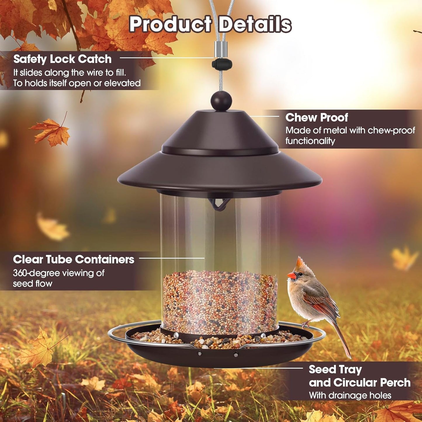 Metal Roof Bird Feeder, Bird Feeders for Outdoors Hanging with Clear Tube Seed Capacity for Cardinal Finch, Chew Proof Wild birdfeeders for Garden Yard Outside