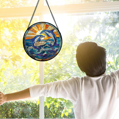Stained Glass Window Hanging, Blue Dolphin Sun Catchers Colorful Glass Panel Sunrise Sea View Suncatcher Decor for Birthday for Women, Men, Wife, Aunt, and Mom 6.3 in