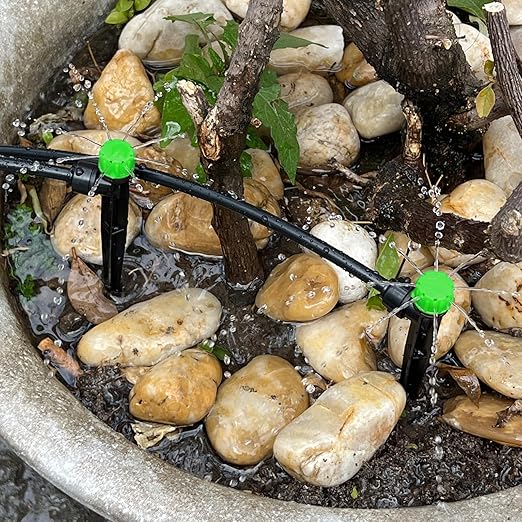 100PCS Drip Irrigation Emitters, Kalolary Adjustable 360 Degree Water Flow Drippers Emitters for 1/4" Drip Irrigation System Tubing, Irrigation Drippers for House Garden Flower beds(Medium Green)