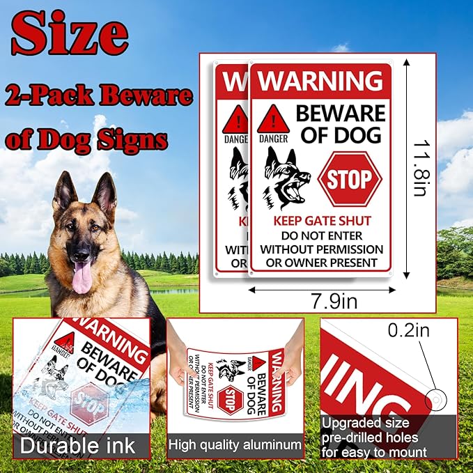 Beware of Dog Sign 2PCS - Beware of Dogs Signs for Fence, Do Not Enter Signs Keep Gate Closed, Stop Danger Warning Reflective Tin Decoration for Garden Yard Wall Metal Decor 11.8x7.9 Inches