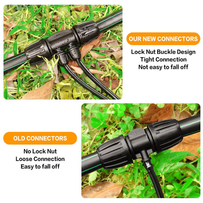 Drip Irrigation Fittings for 1/2 Inch to 1/4 Inch Tubing Reducing Tee：1/2" (1/2" ID x 0.65" OD) to 1/4" Drip Line Anti-drop Locked Nut Barbed Reducer 4 Way Tee Connectors (12 Pack)