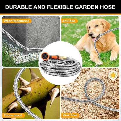 Metal Garden Hose 25ft Copper Bullet, Heavy Duty Stainless Steel Water Hose with 10 Function Sprayer Nozzle, Leaf-Proof Kink Free Lightweight for Outdoor,Yard,Lawn,Patio, Car