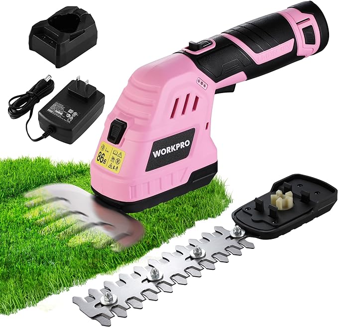 WORKPRO 12V Cordless Grass Shear & Shrubbery Trimmer - 2 in 1 Handheld Hedge Trimmer, Electric Bush Trimmer/Grass Cutter with 2.0Ah Rechargeable Lithium-Ion Battery &1 Hour Fast Charger, Pink Ribbon