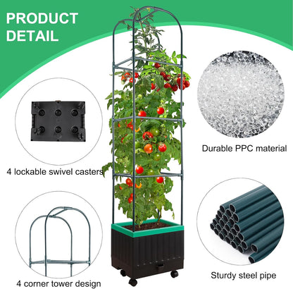 Raised Garden Bed with Self Watering Garden Pots, Planter Box with Trellis for Climbing Plants Vegetable Vine Flowers, Tomato Cage Planter for Indoor Outdoor Yard Greenhouse Use
