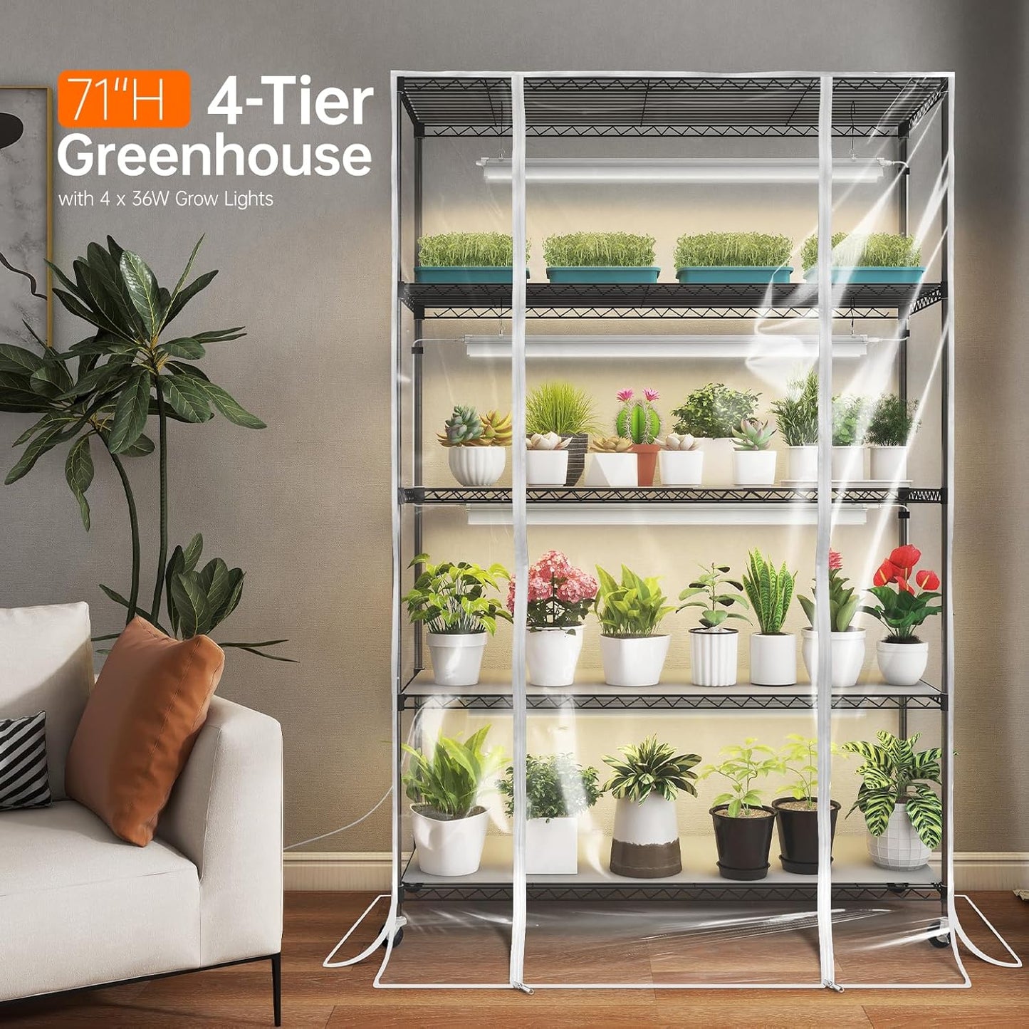 Bstrip Indoor Greenhouse with Grow Light, Tall Plant Stand with 4 Pack Full Spectrum Plant Lights , 3 Color Modes, Plant Shelf with Tent for Indoor Plant, Seed Starting, Seed Tray, 47.2"x17.8"x71"