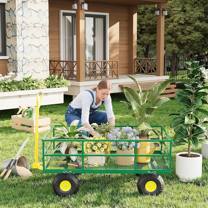 Metal Wagon - 1200lbs Garden Cart with 10" Multi-Terrain Tires, 4 Removable Mesh Sides & 180° Swivel Handle, Yard Wagon Cart for Lawn, Yard, Patio Gardening