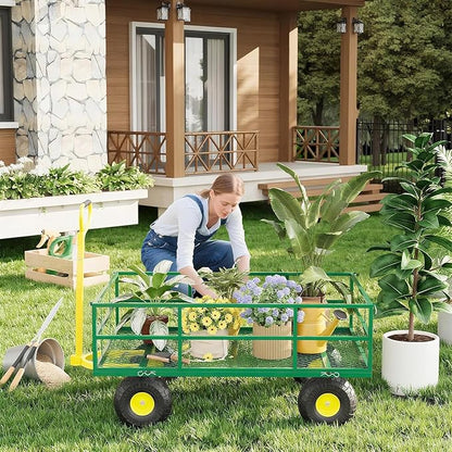 Metal Wagon - 1200lbs Garden Cart with 10" Multi-Terrain Tires, 4 Removable Mesh Sides & 180° Swivel Handle, Yard Wagon Cart for Lawn, Yard, Patio Gardening