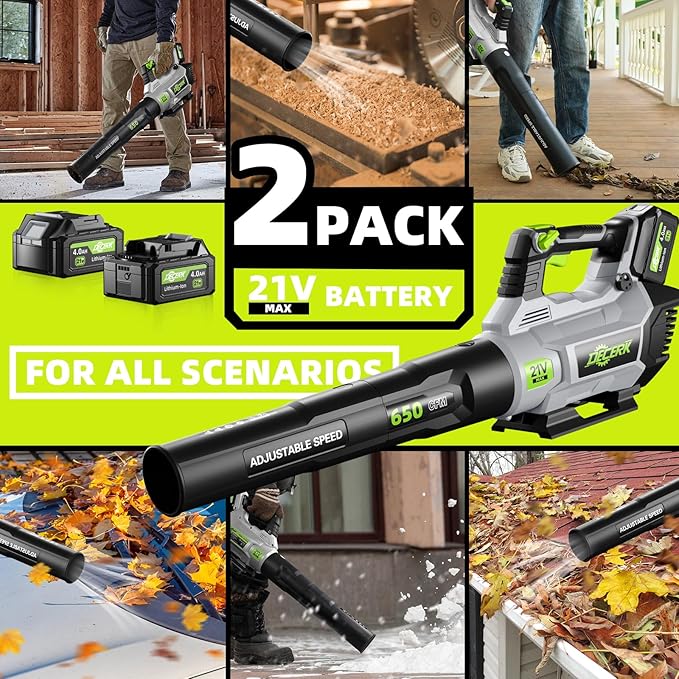 Leaf Blower Cordless, 21V Electric Leaf Blowers with 2X 4.0Ah Battery, Lightweight Snow Blower with Turbo Button, Variable Speed Dial, and Cruise Control for Sidewalks, Garages, Yards & Patios