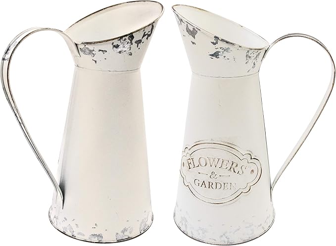 Soyizom Farmhouse White Metal Jugs for Shabby Chic Kitchen Decor, Tall Pitchers for Flowers, Rustic Bathroom Vases - Large, 11 H
