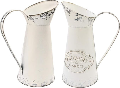 Soyizom Farmhouse White Metal Jugs for Shabby Chic Kitchen Decor, Tall Pitchers for Flowers, Rustic Bathroom Vases - Large, 11 H