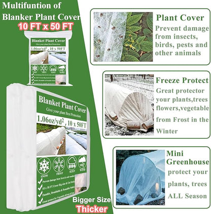 Plant Covers Freeze Protection 10 x 50Ft with 20 Stainless Steel Clip- Frost Cloth Plant Blankets Garden Fabric Freeze Cover for Outdoor Plant Raised Bed Greenhouse Winter Frost Sun Protection