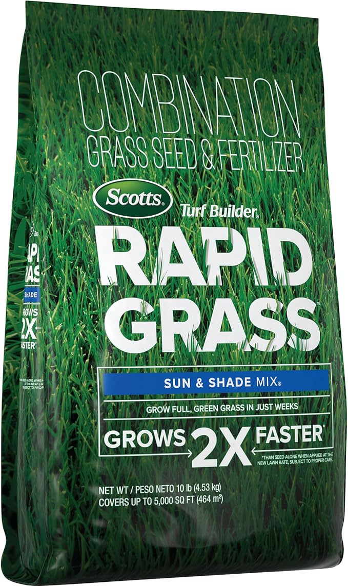 Scotts Turf Builder Rapid Grass Sun and Shade Mix, Grass Seed with Fertilizer for Full, Green Grass in Just Weeks, 10 lbs.