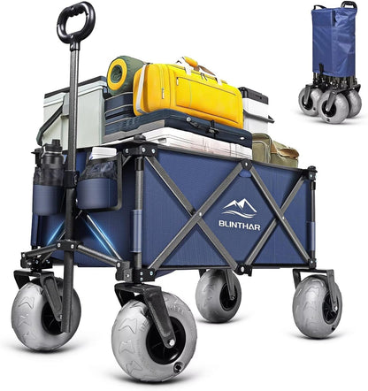 Beach Wagon with Big Wheels for Sand, Heavy Duty Harder Sand Collapsible Folding Wagon with All-Terrain 9" Pneumatic Ballon Tires, Utility Wagon for Garden Sports Camping Outdoor Activities