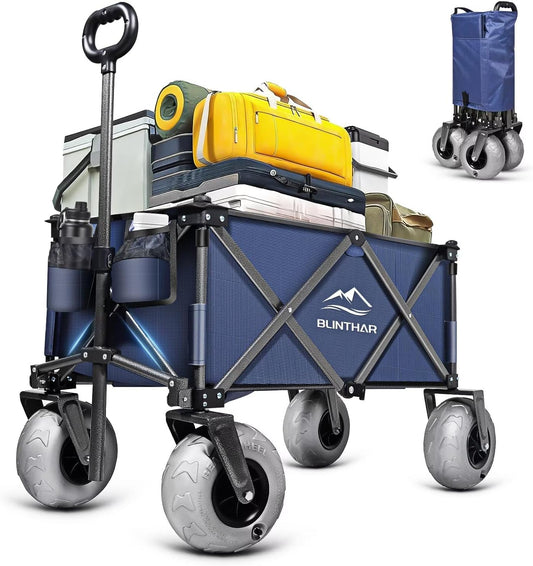 Beach Wagon with Big Wheels for Sand, Heavy Duty Harder Sand Collapsible Folding Wagon with All-Terrain 9" Pneumatic Ballon Tires, Utility Wagon for Garden Sports Camping Outdoor Activities