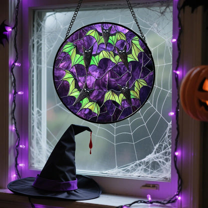 Stained Glass Window Hanging - Halloween Decorations Black Bat with Green Wings Suncatcher for Doors Garden Indoor Spooky Sun Catchers Gothic Decor Horror Gifts for Women Men Friend 11.8 in