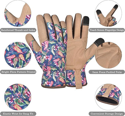 Gardening Gloves for Women and Men, Garden Gloves with Touch Screen, Thorn Proof Puncture Resistant Working Gloves, Gardening Gifts for Women,Blue-brown flowers M