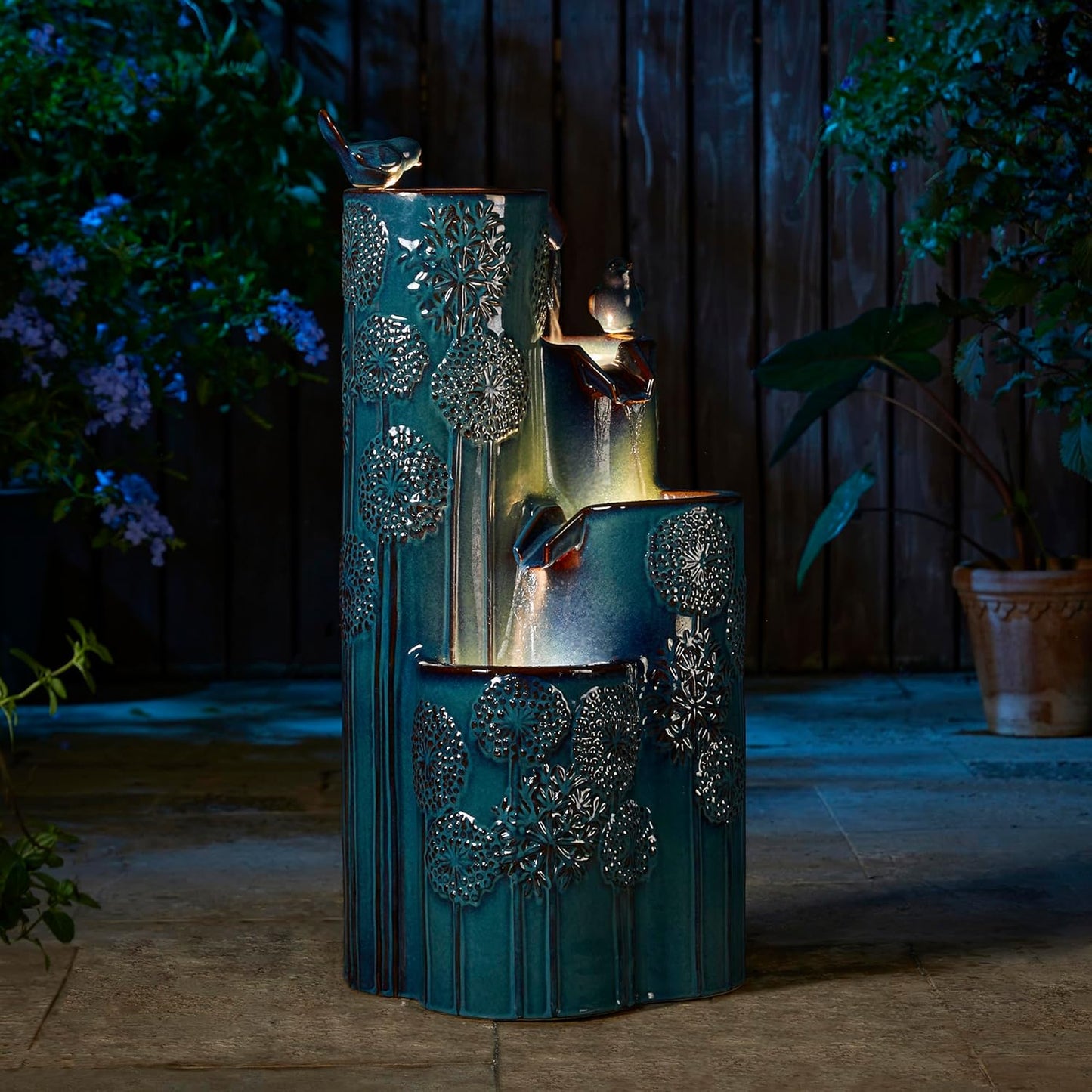Glitzhome 31.75" H Outdoor Water Fountain with LED Lights and Pump, 4 Tier Dandelion Texture Vase Shaped Ceramic Floor Standing Fountain with Birds for Porch Deck Garden Patio Backyard, Turquoise