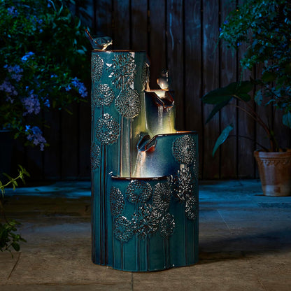 Glitzhome 31.75" H Outdoor Water Fountain with LED Lights and Pump, 4 Tier Dandelion Texture Vase Shaped Ceramic Floor Standing Fountain with Birds for Porch Deck Garden Patio Backyard, Turquoise