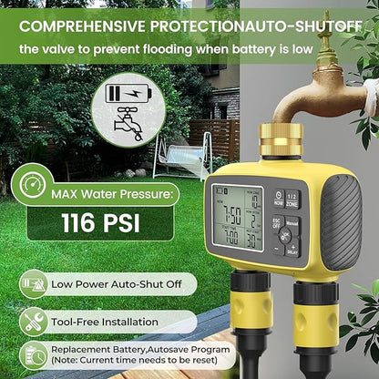 Programmable 2-Zone Smart Sprinkler Timer - Outdoor Automatic Irrigation Water Timer with Rain Delay & Waterproof Brass Swivel for Lawn, Garden, Pool (Yellow)