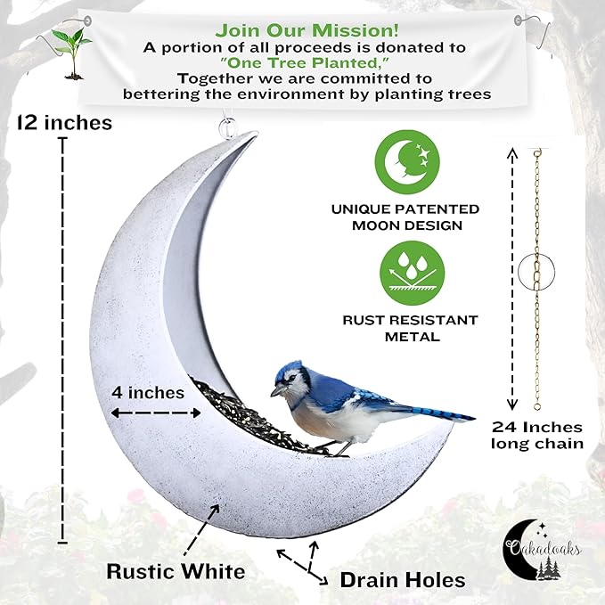 Hanging Moon Bird Feeder – Unique Metal Bird Feeders for Outdoors, Rustic White, Rust-Resistant, Drain Holes – Wild Bird Feeder for Bluebirds, Cardinals, Finches, and Backyard Birdwatching