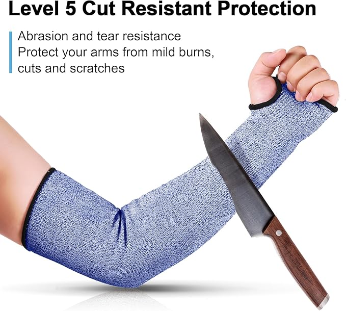 JaGely 6 Pairs Level 5 Cut Resistant Sleeves with Thumb Hole 18 Inches Arm Protection Sleeve Farmer Gardening (Blue)