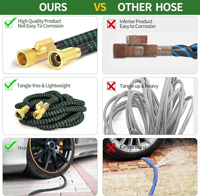 200 ft Expandable Garden Hose - Durable 3750D Fabric, 4-Layer Latex Core, Solid Brass Connectors Expanding Water Hose - 10 Spray Nozzles & Convenient Storage Bag Included